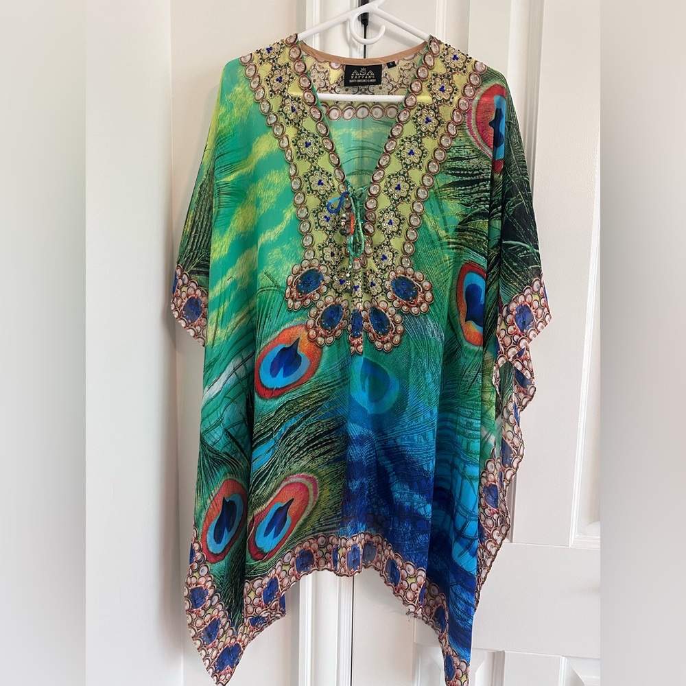 Embellished Peacock-Print Swim Coverup in Green and Blue